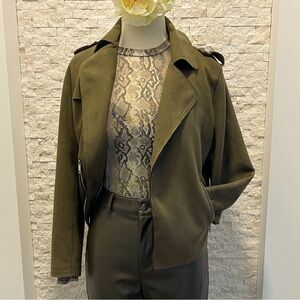 TAHARI Olive Faux Suede Jacket Relaxed Fit